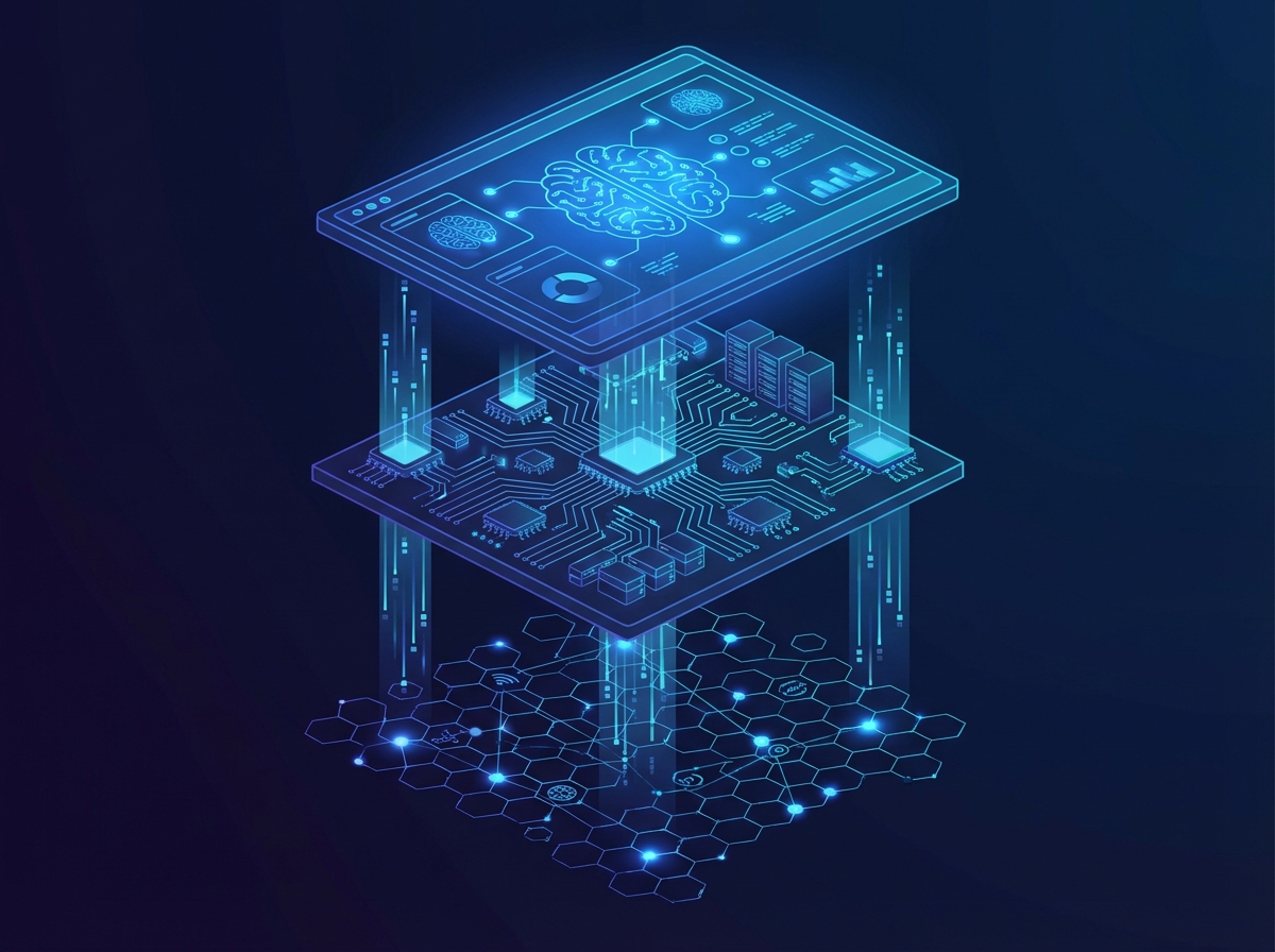 An abstract architectural diagram showing the flow of data from the AI, through the MCP server, down to the underlying protocol layer.