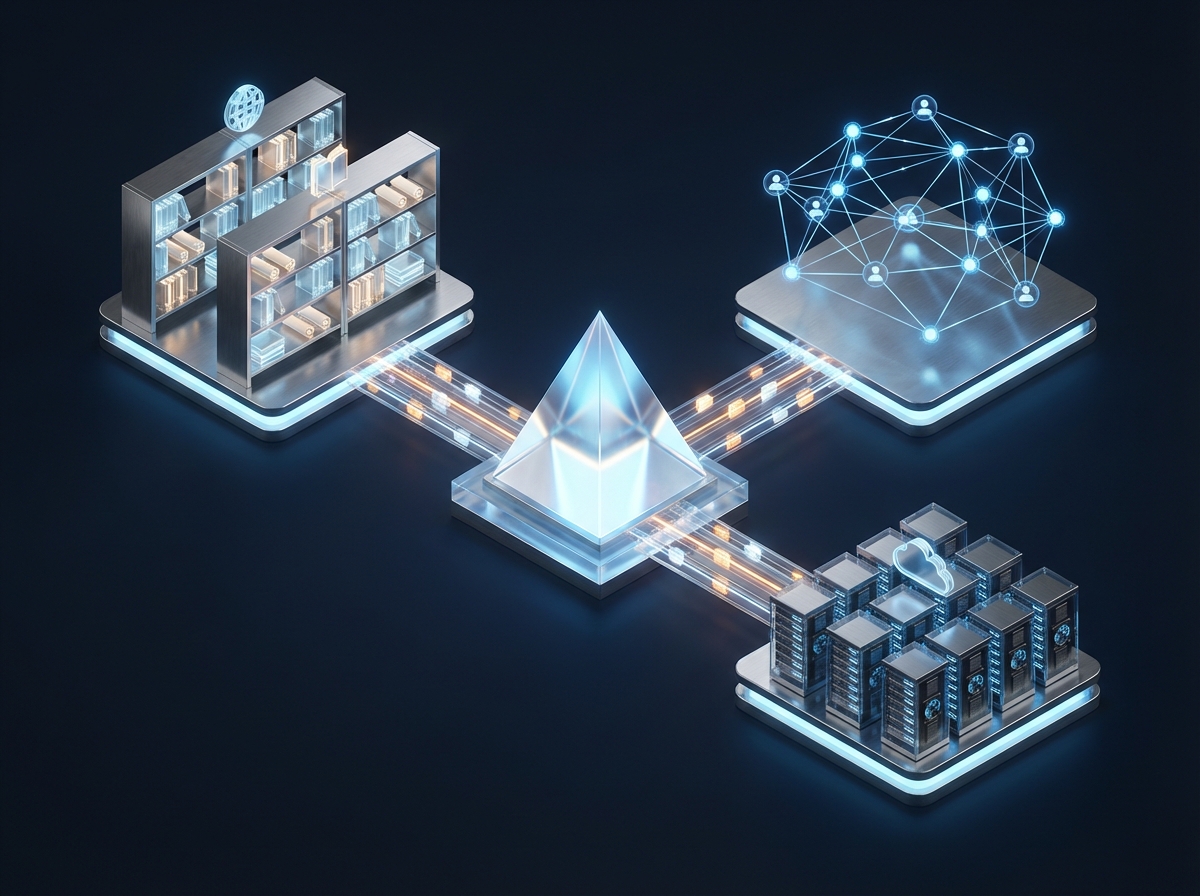 A technical but accessible visualization of the Model Context Protocol (MCP) ecosystem described in the text, showing the 'bridging' of worlds.